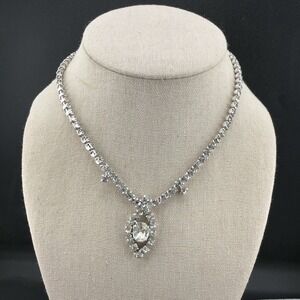 Vintage Estate Necklace Silver Tone Rhinestone Choker Dainty Formal 15"